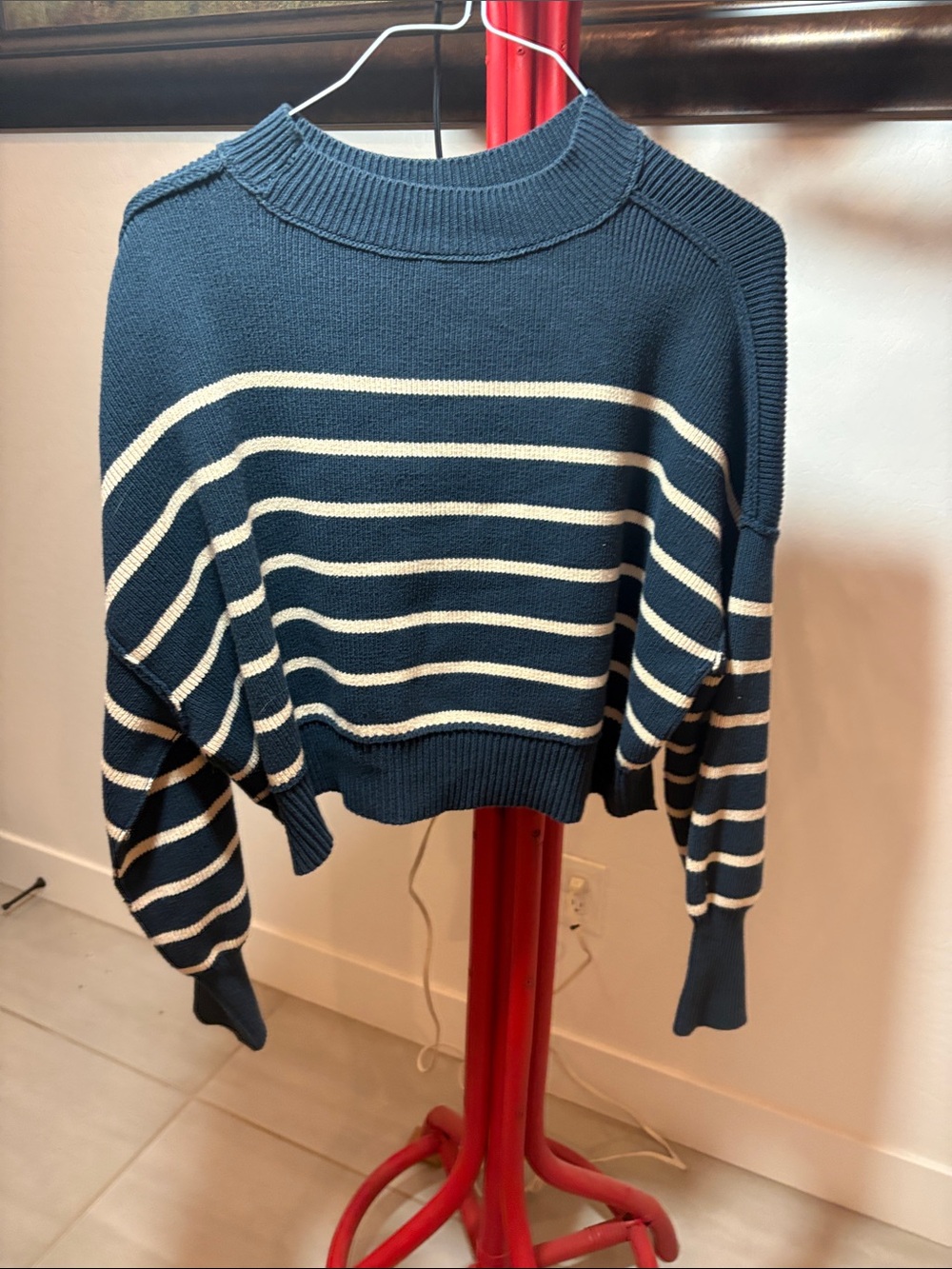 Free People Navy and Cream Striped Crewneck Sweater
